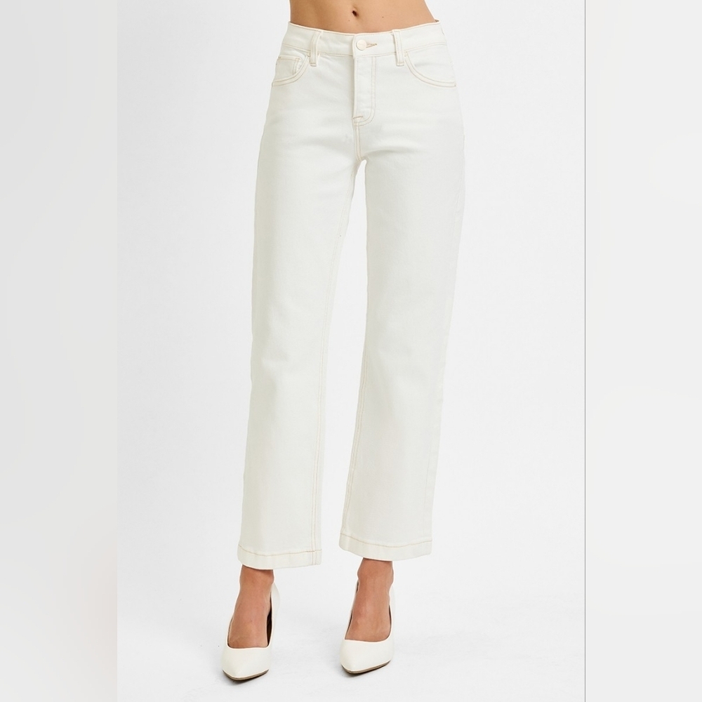 RISEN Mid Rise Tummy Control Straight Ankle Jeans Stretch Cream Neutral NEW - Picture 6 of 6